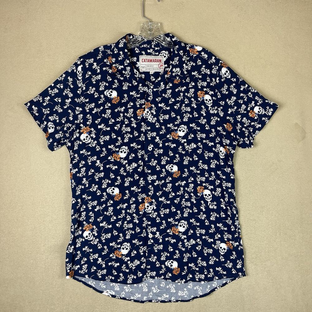 Catamaran Shirt Mens M Blue Flowers and Skulls Print‎ Short Sleeve Button Up